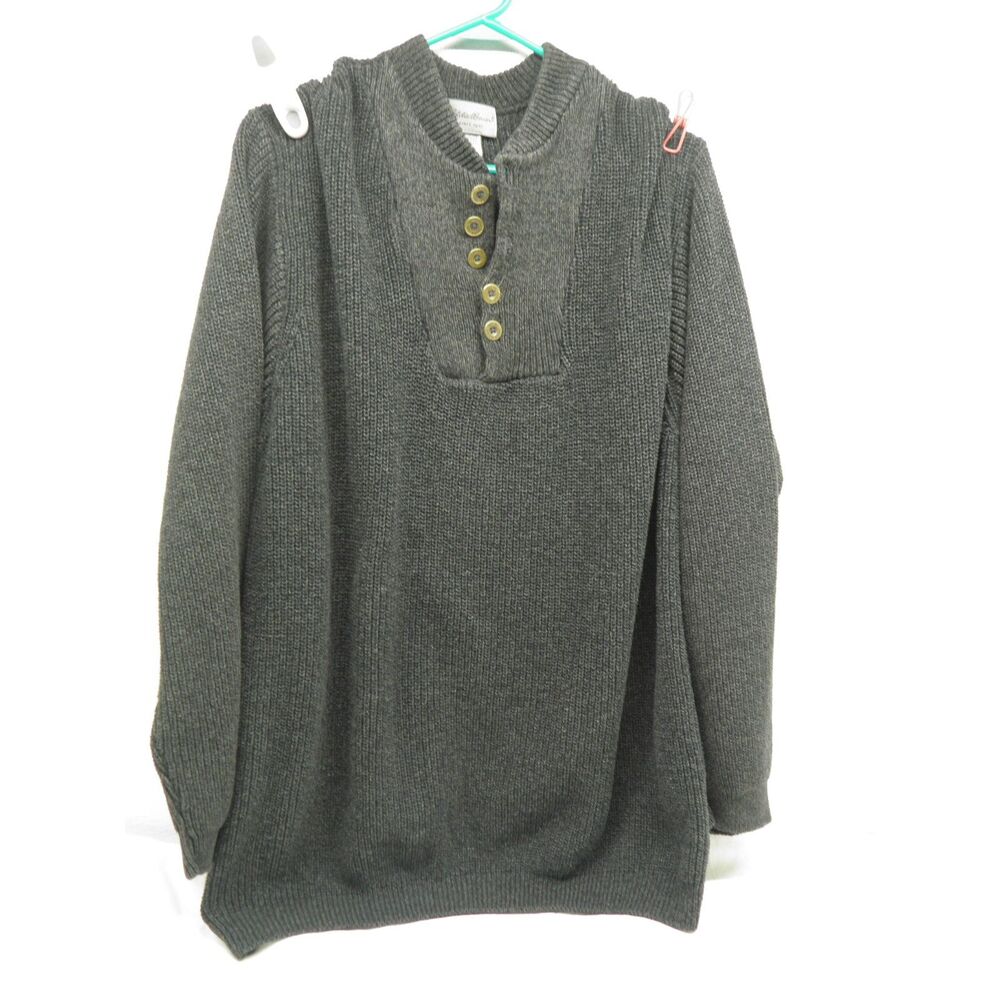 Vintage Eddie Bauer Henley Sweater Mens XXL Dark Grey Chunky Knit Ribbed Sweater